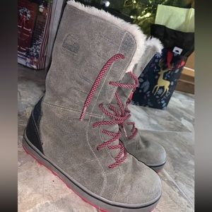 Sorel Women's Gray Nubuck Leather Lace-up Faux Fur Mid Calf Winter Boots Size 7